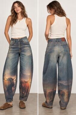 VBRT [XPT894] Long Horn Digital Horse Print Baggy Barrel Jeans  NWT Size Small